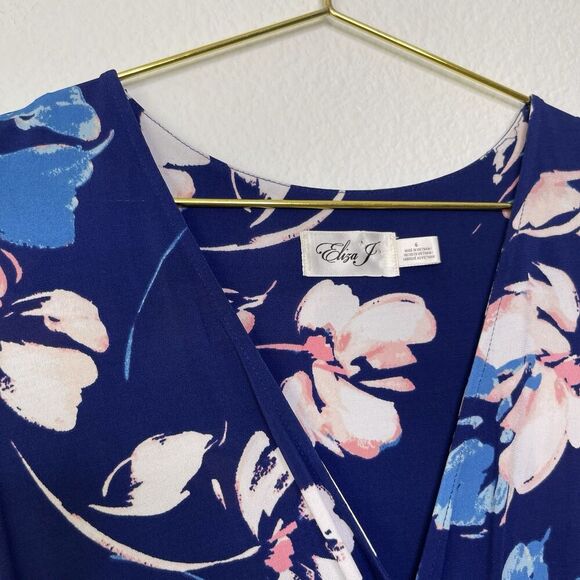 Eliza J Maxi Dress Sz 6 Faux Wrap Long Jersey Stretch Blue Floral Short Sleeve - Picture 8 of 15